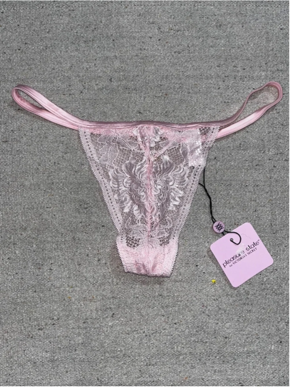 Pleasure State Pink Crystal Keyhole Lace Shiny Satin String Thong Panties L New